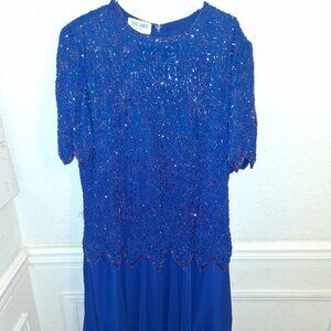 Vintage 80s Brilliante Beaded Royal Blue Dress Size 1x